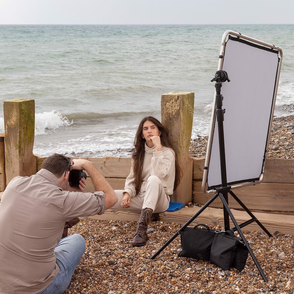 The Manfrotto Pro Scrim being used on a beach