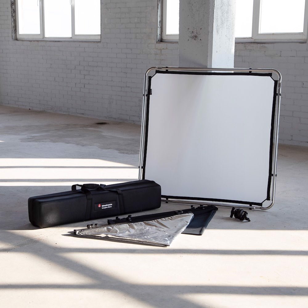 Manfrotto Pro Scrim All In One Kit 1.1x1.1m Small leaning up against a piller in an old warehouse