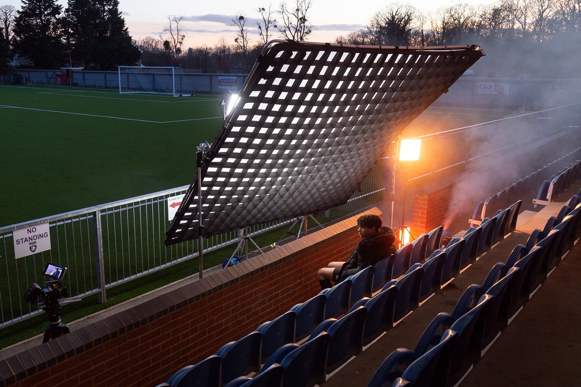 Manfrotto Skylite Rapid DoPchoice 60 Degree SNAPGRID® 3m x 3m being used outside ain a football stadium