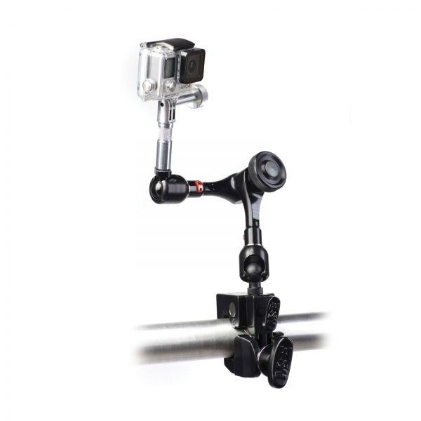 An image of the Matthews Infinity Arm, showing it holding a GoPro type camera and with it attached to a super clamp.