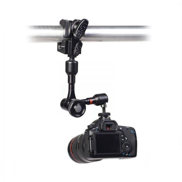 Image showing how the Infinity Arm can hold a DSLR camera, secured to a metal pole and attached by means of a super clamp.
