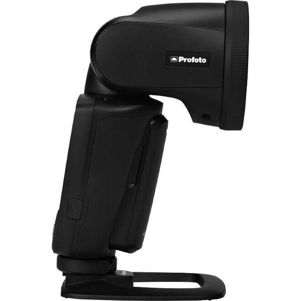 Side view of Profoto A10 for Nikon, on its black stand.