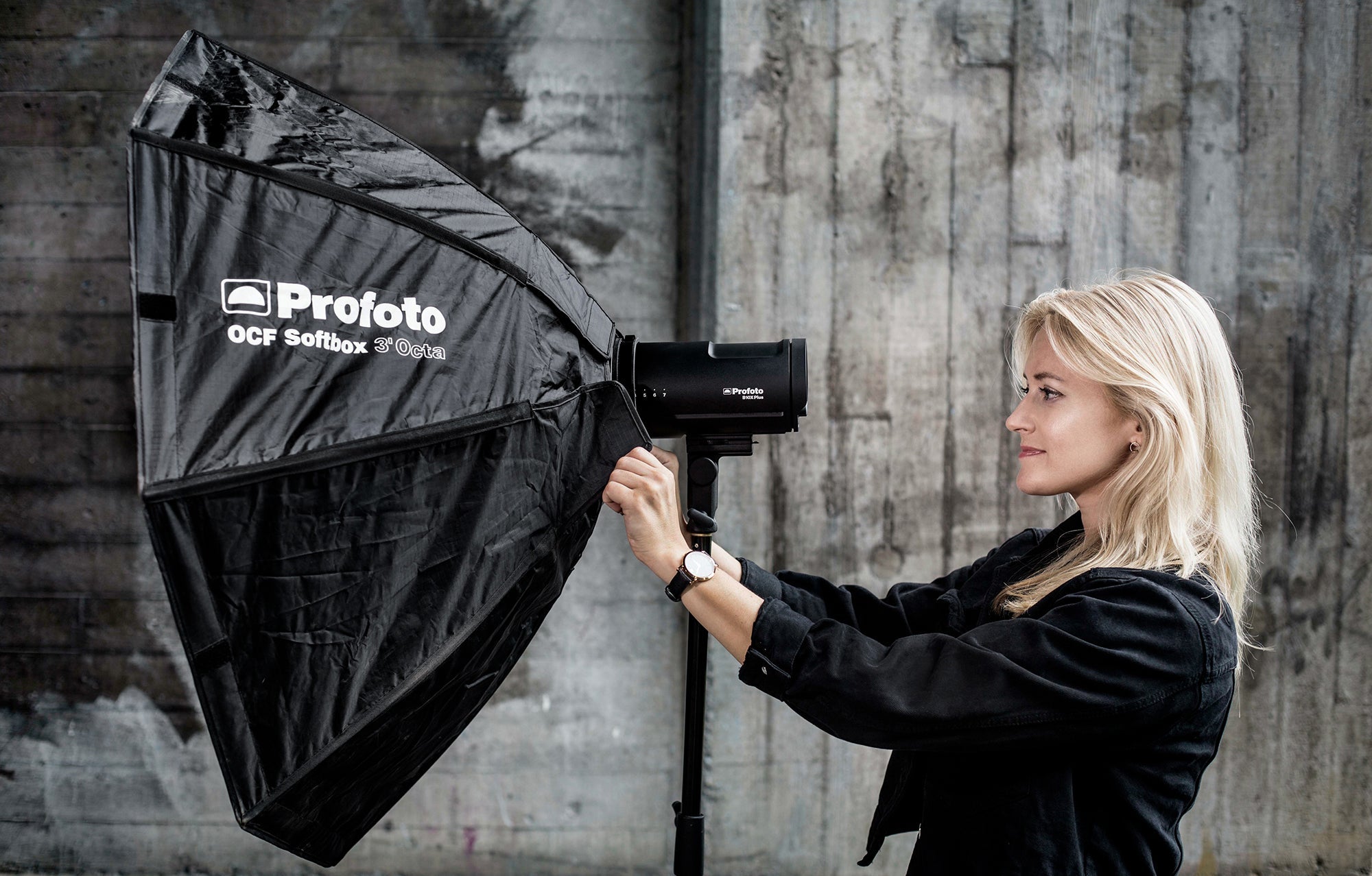 The Profoto B10X on a location shoot attached to a Profoto OCF 3' Octa Softbox.