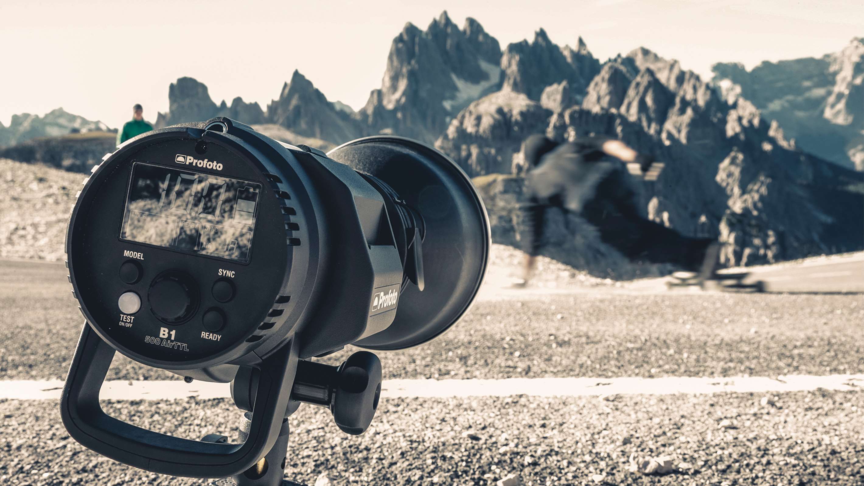 Profoto B1 on a location shoot with Profoto B1X & B1 Li-Ion Battery MkII pictured on the side.