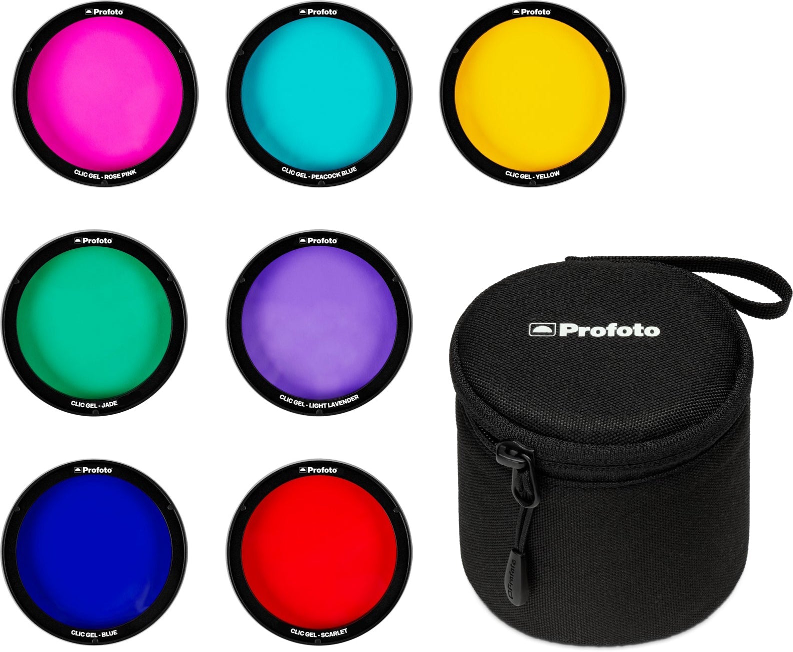 A set of Profoto Clic Colour Gel Filters including Rose Pink, Peacock Blue, Scarlett, Jade, Yellow, Light Lavender, and Blue, displayed alongside a black protective case with the Profoto brand logo.