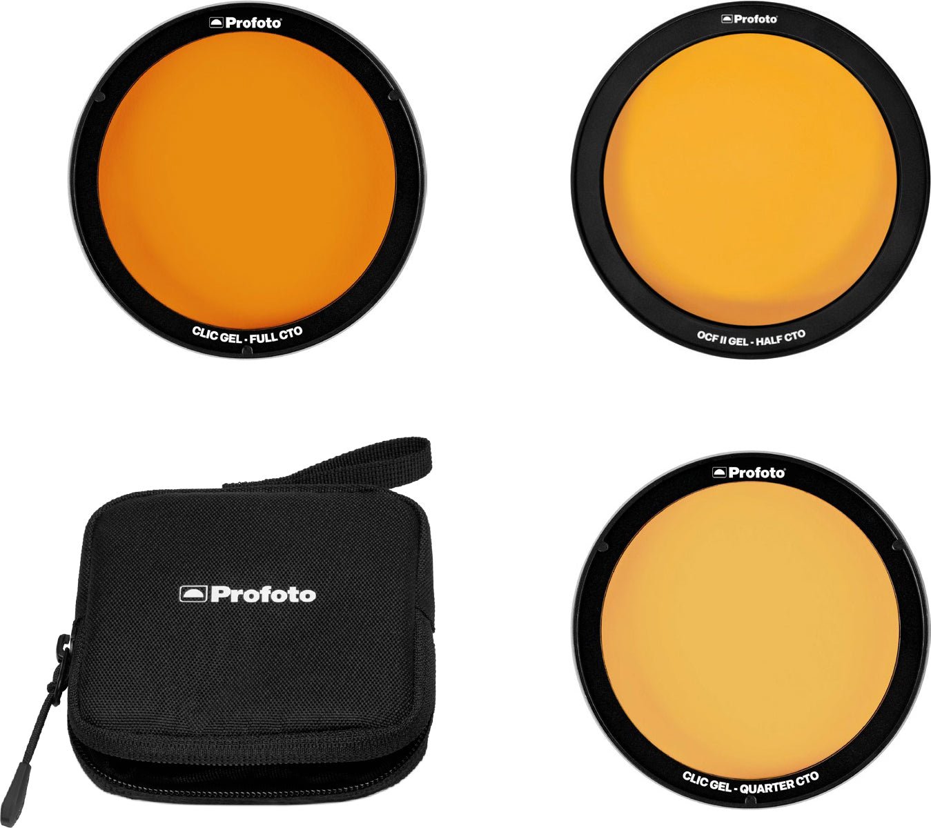 Profoto Clic CTO Kit, including full, half, and quarter CTO grids, along with a protective case.