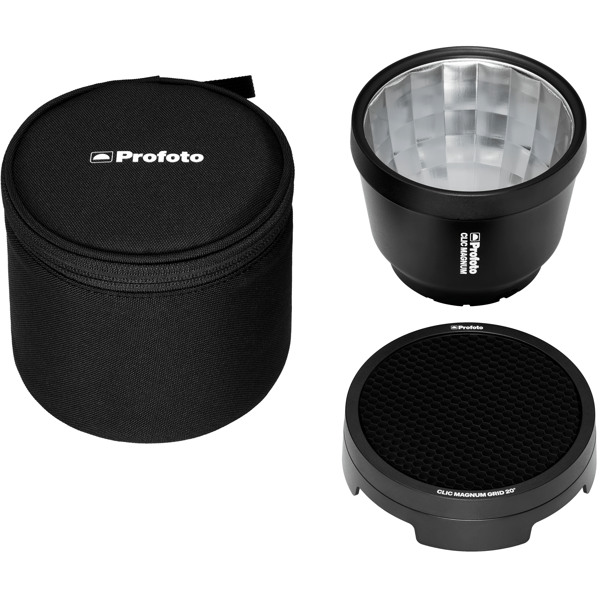 Profoto Clic Magnum flash diffuser with magnetic mount, protective case, and grid attachment.