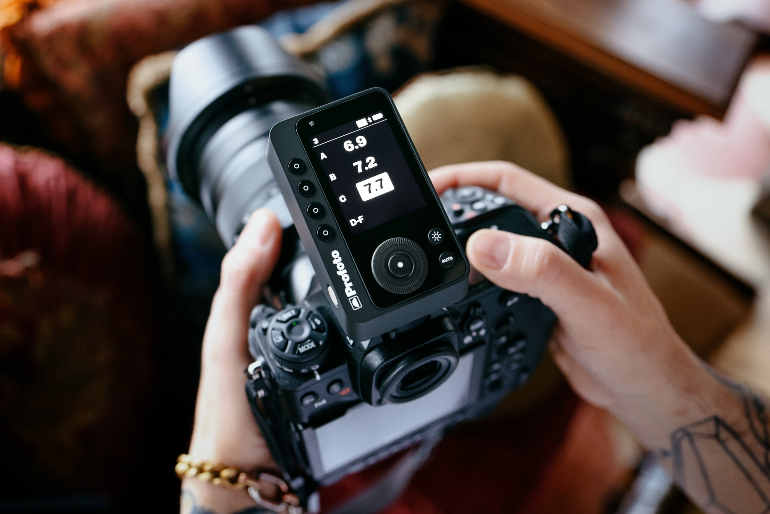 The Profoto connect pro attached to a camera.