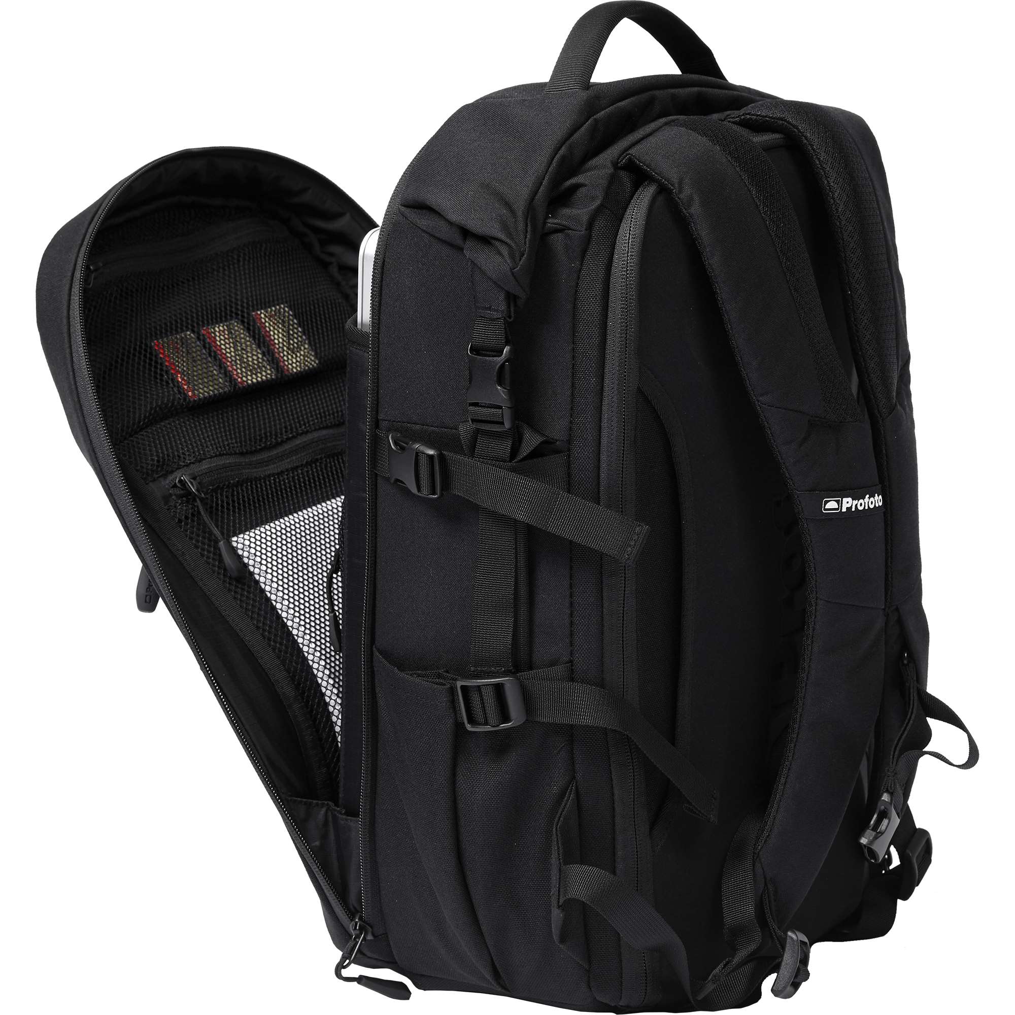Side view of Profoto Core Backpack S with front pocket open.