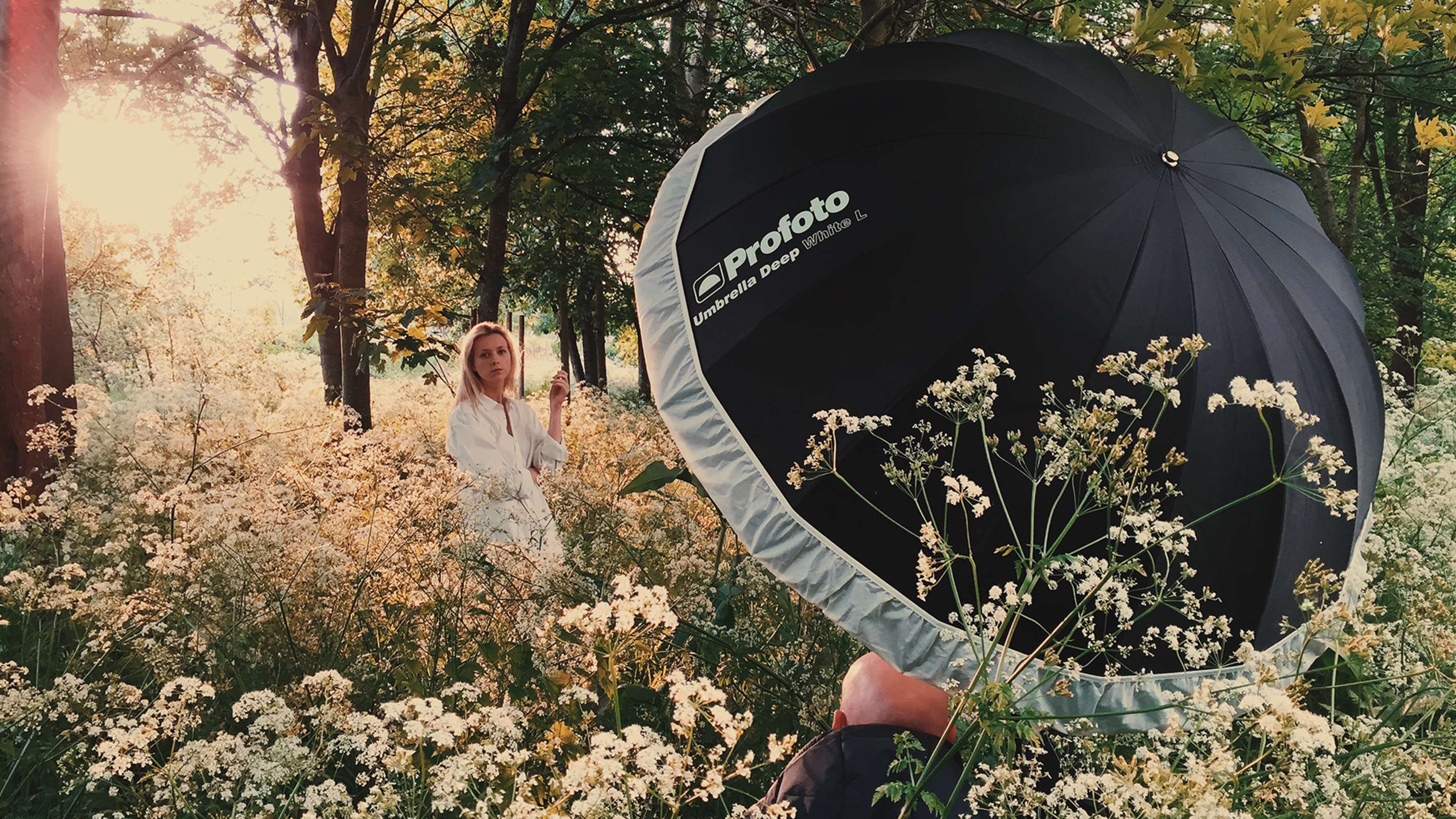 Optional Profoto Umbrella Medium Diffuser being used on a location shoot.