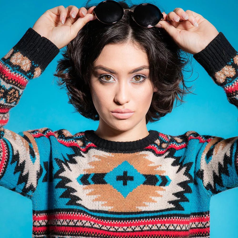 Portrait of a female model with a Savage Blue Jay Seamless Background.