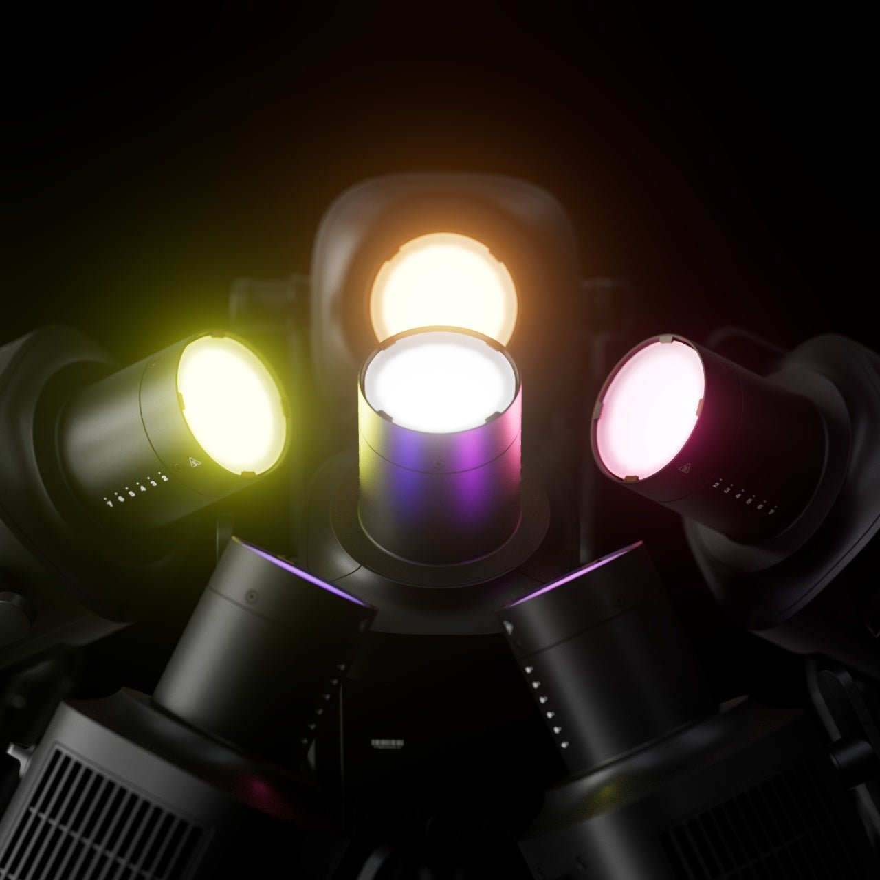Profoto LED L600C fixtures in a group on a black background.