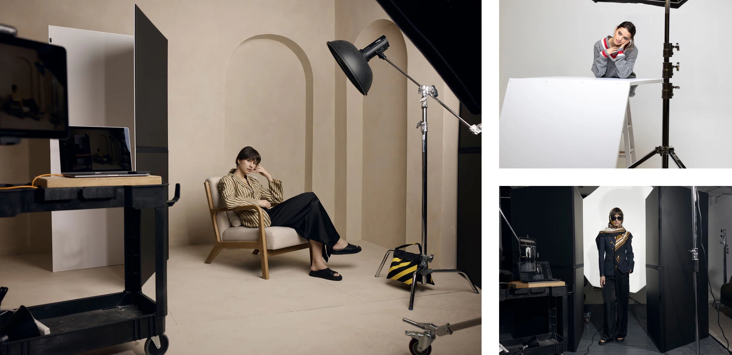 Collage of three pictures all showing the V-FLAT reflector boards in use in different studio environment's. 