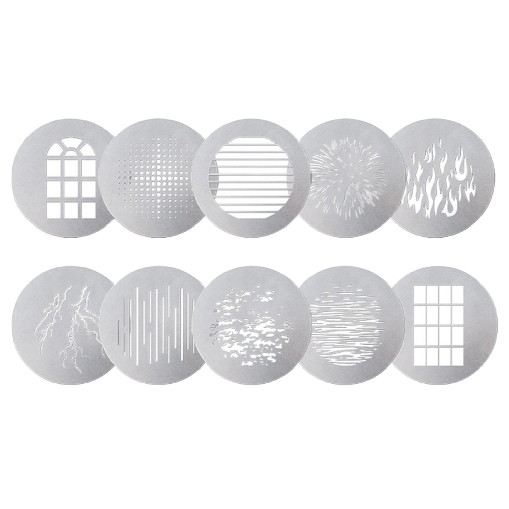 10 Piece Gobo kit for Spotlight max on a transparent background.