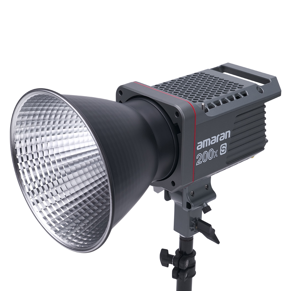 Arial view of Amaran 200x S CoB light with Bowens mount hyper reflector attached on a transparent background. 