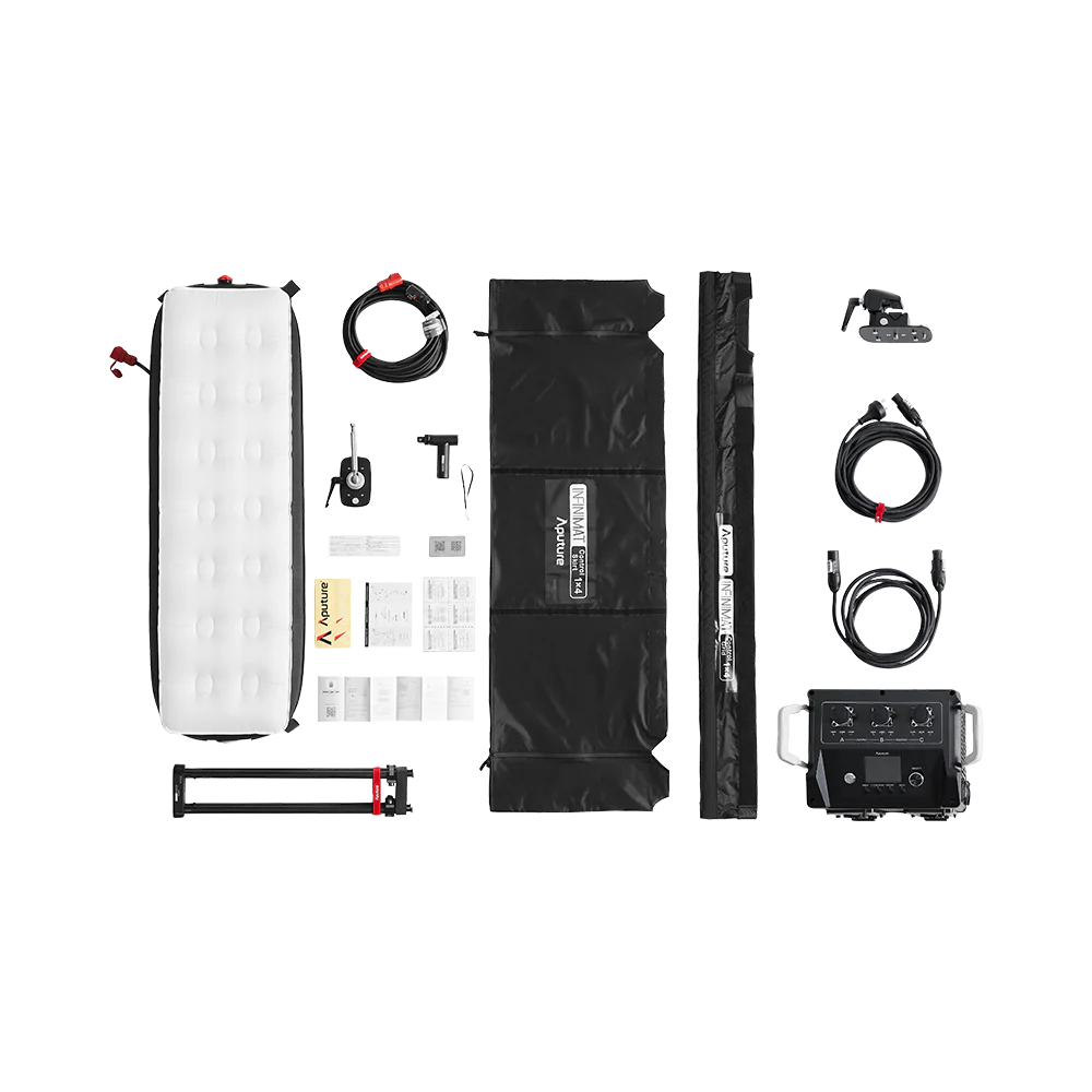 The Aputure 1x4ft Inflatable LED kit, showing the full kit with all items and accessories, flatlay. 