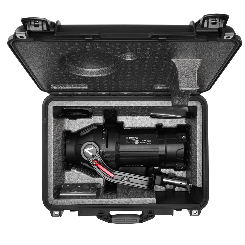 Birds eye view of the Aputure Spotlight Mount II 19° Kit shown in the case. 