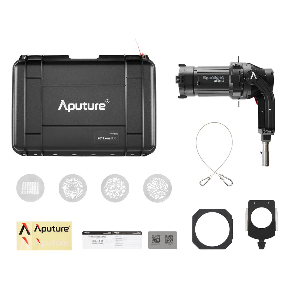 Aputure Spotlight Mount II 26 degree lens kit shown with all components.