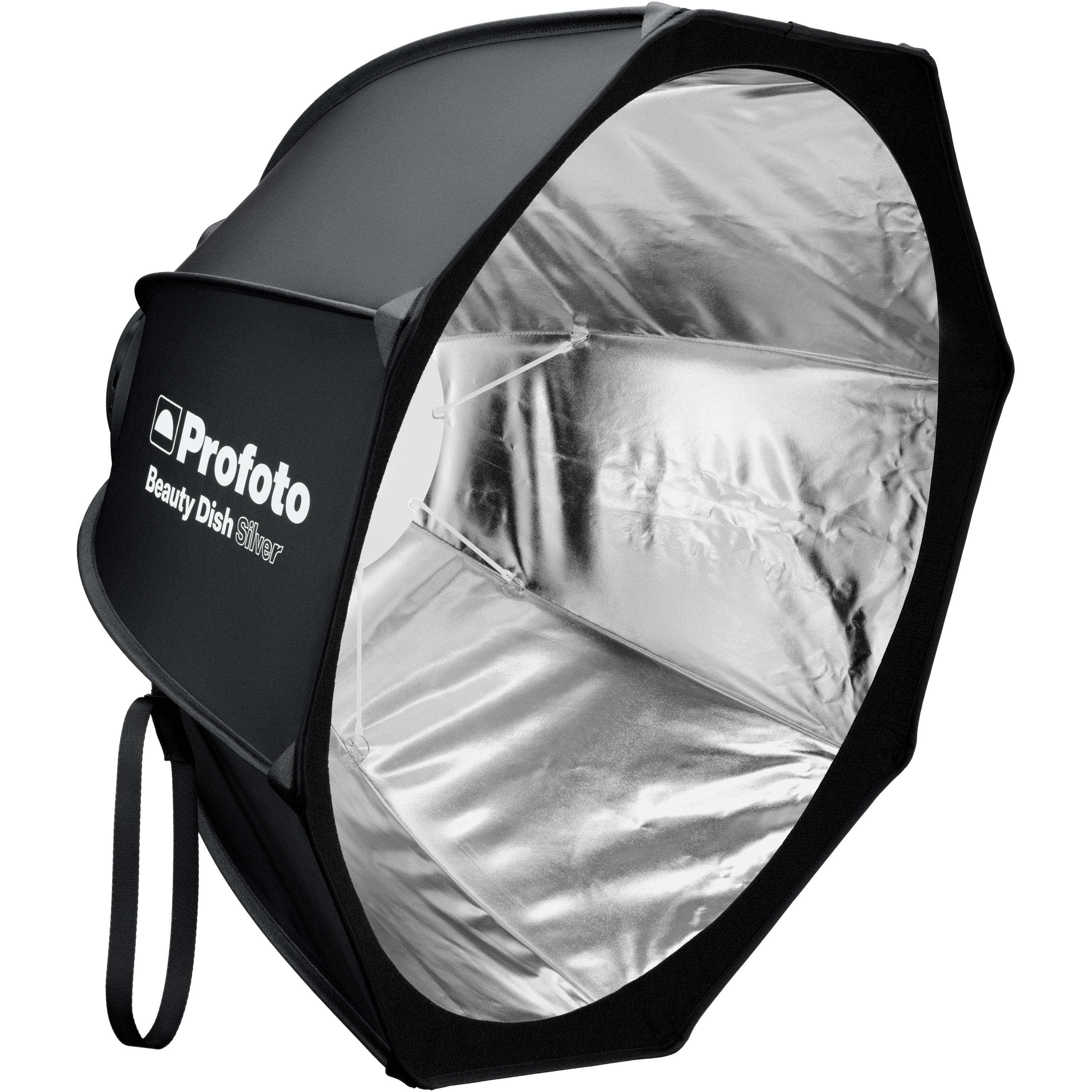 The Profoto Collapsable Silver Beauty Dish fully assembled showing side front right.