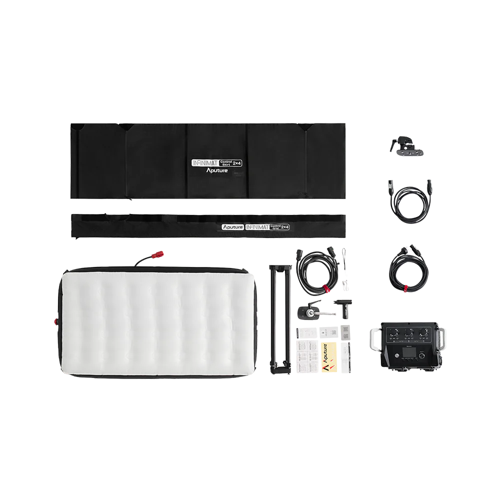 The Aputure 2x4ft Inflatable LED kit, showing the full kit with all items and accessories, flatlay. 