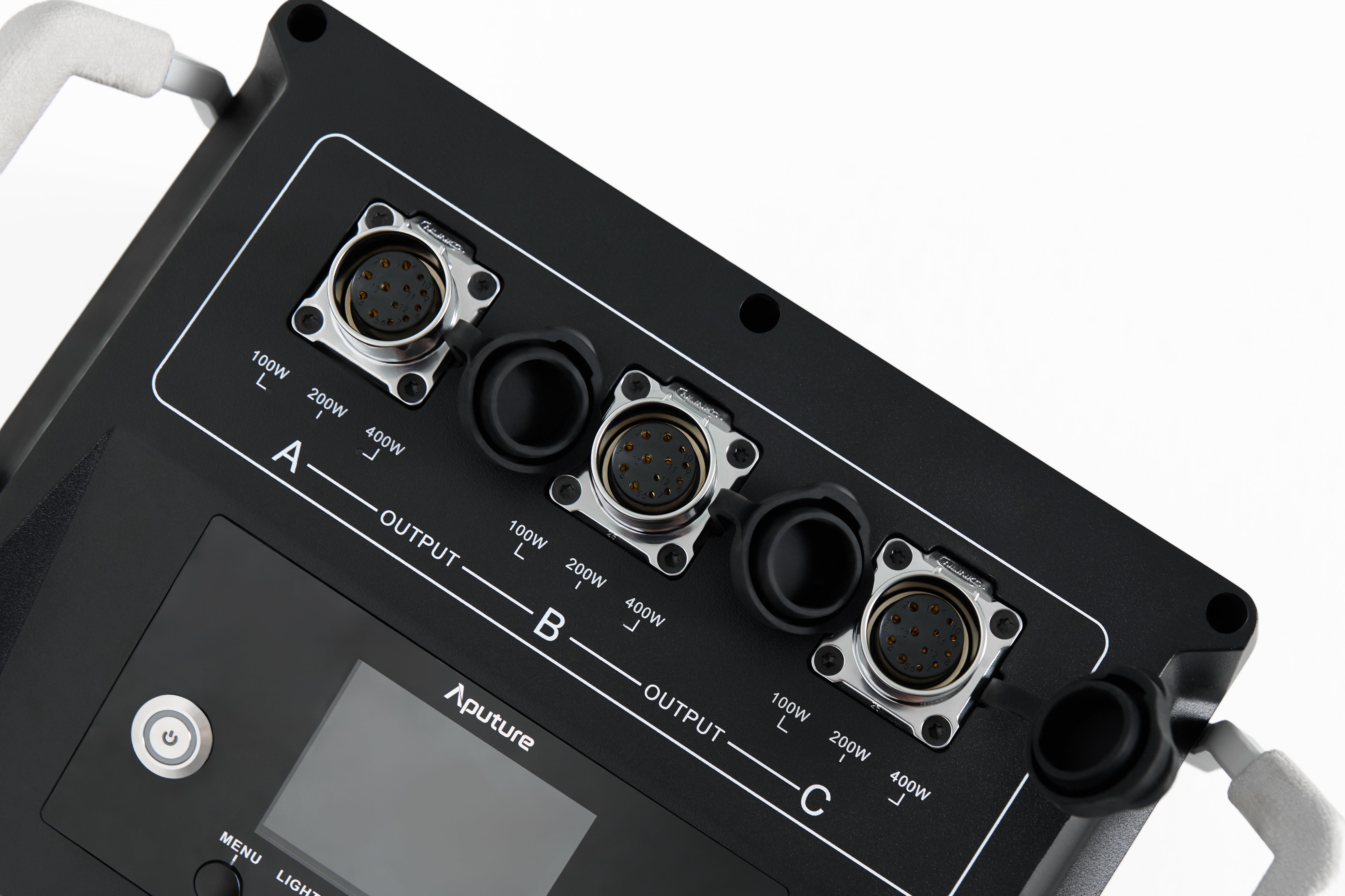 Aputure INFINIMAT 400W Control Box  showing the three output channels. 