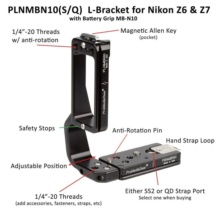 ProMediaGear L-Bracket plate for Nikon Z6 and Z7 Original and Mark II with MB-N10 Battery Pack Grip - QD port PLNMBN10