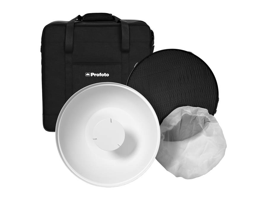 A Profoto softlight reflector kit showing the White Beauty Dish, Honeycombe Grid for the Beauty Dish, case and diffusion on a white background. 