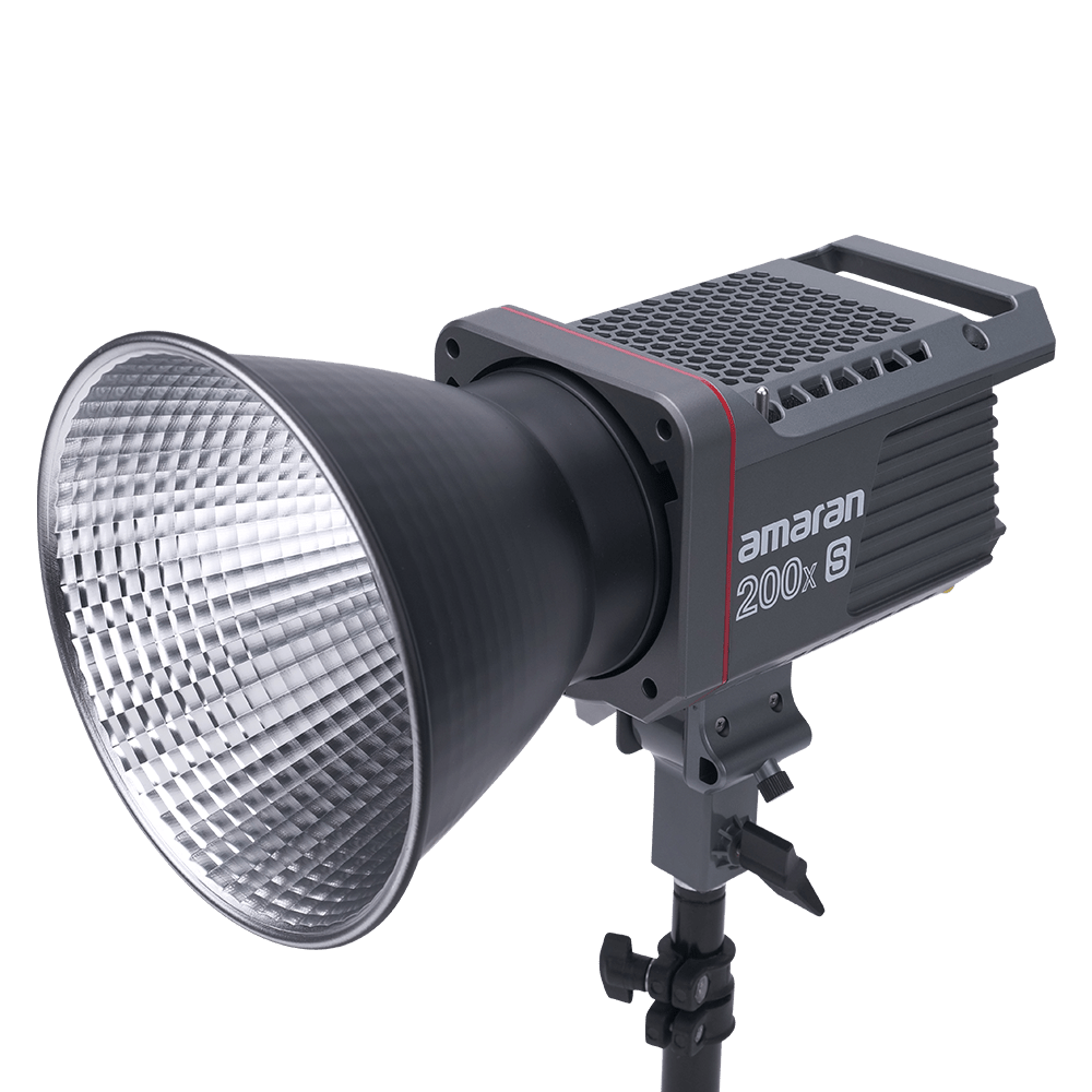 Arial view of Amaran 200x S CoB light with Bowens mount hyper reflector attached on a transparent background. 