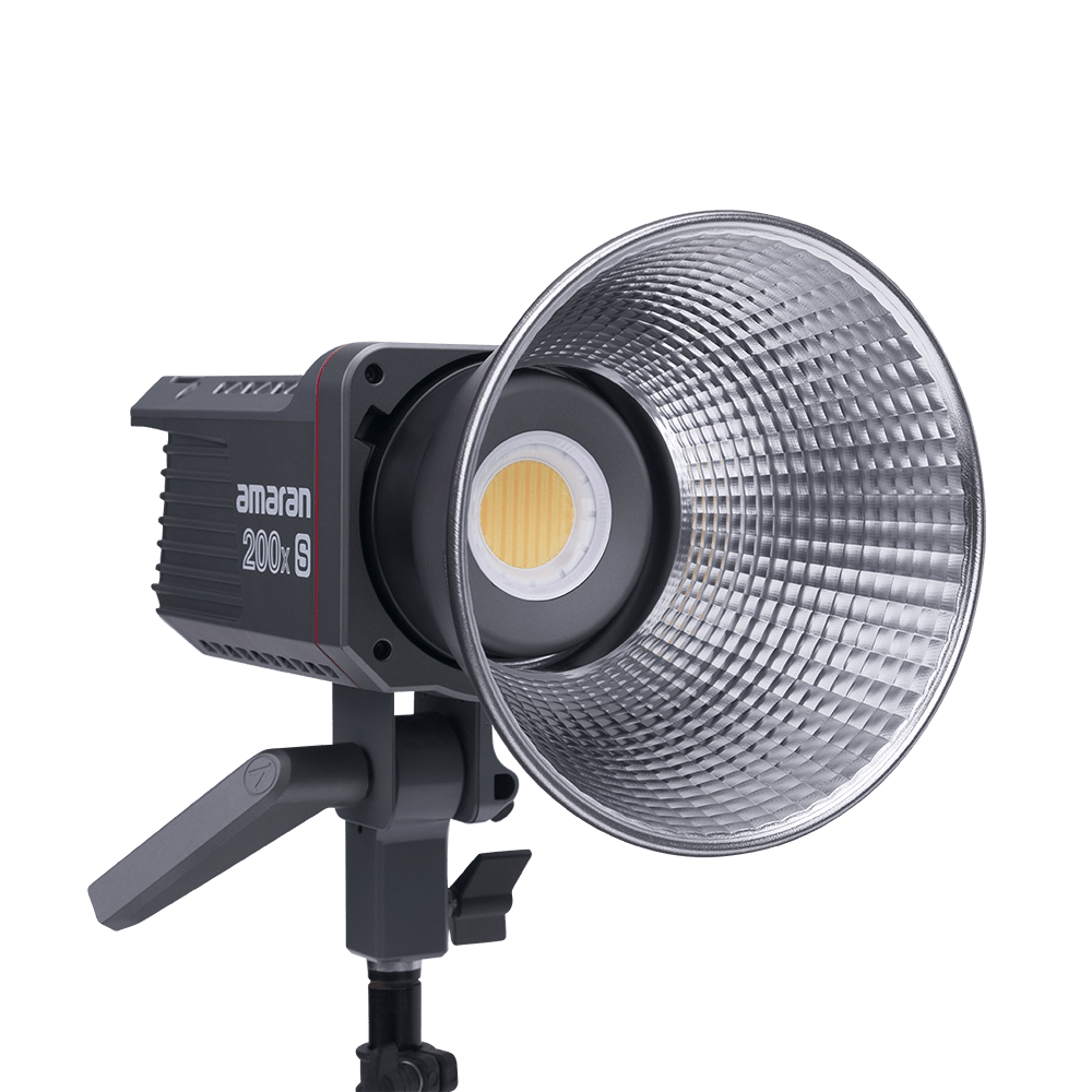 Front view of Amaran 200x S CoB Light with Bowens Mount Hyper Reflector attached on a transparent background.