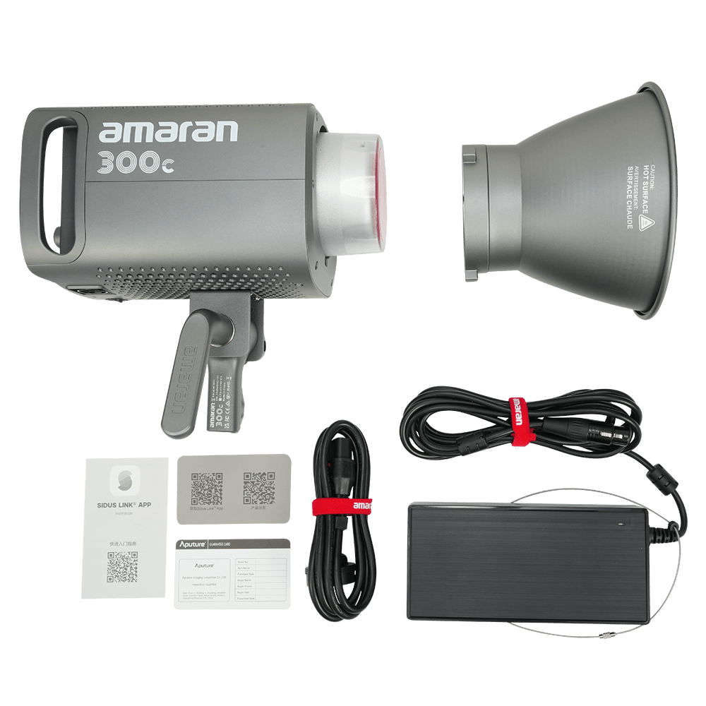 All items included in the Amaran 300c Box on a transparent background.