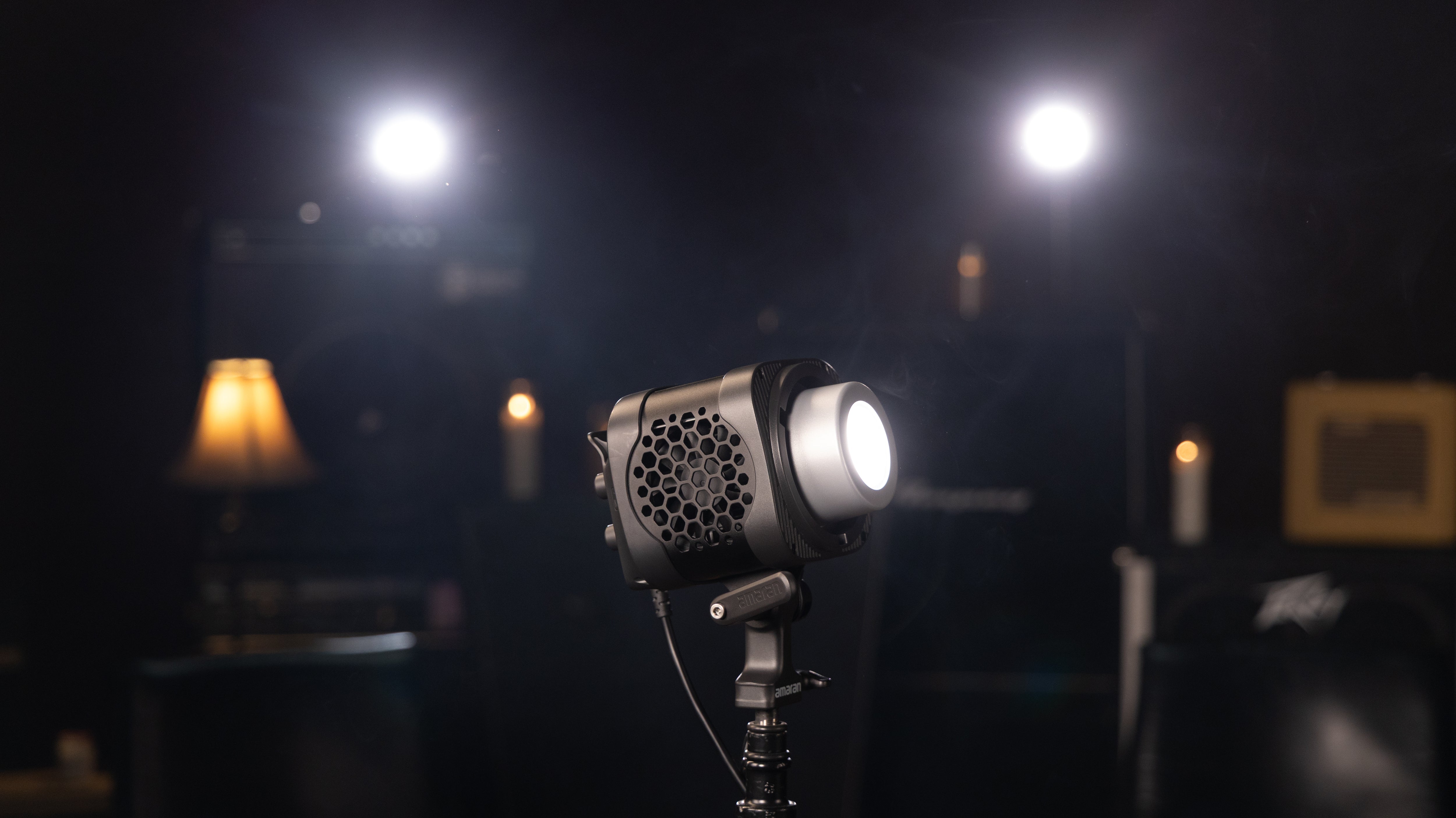 amaran Halo 200x shown in a studio with a dark background emphasising the light on show.