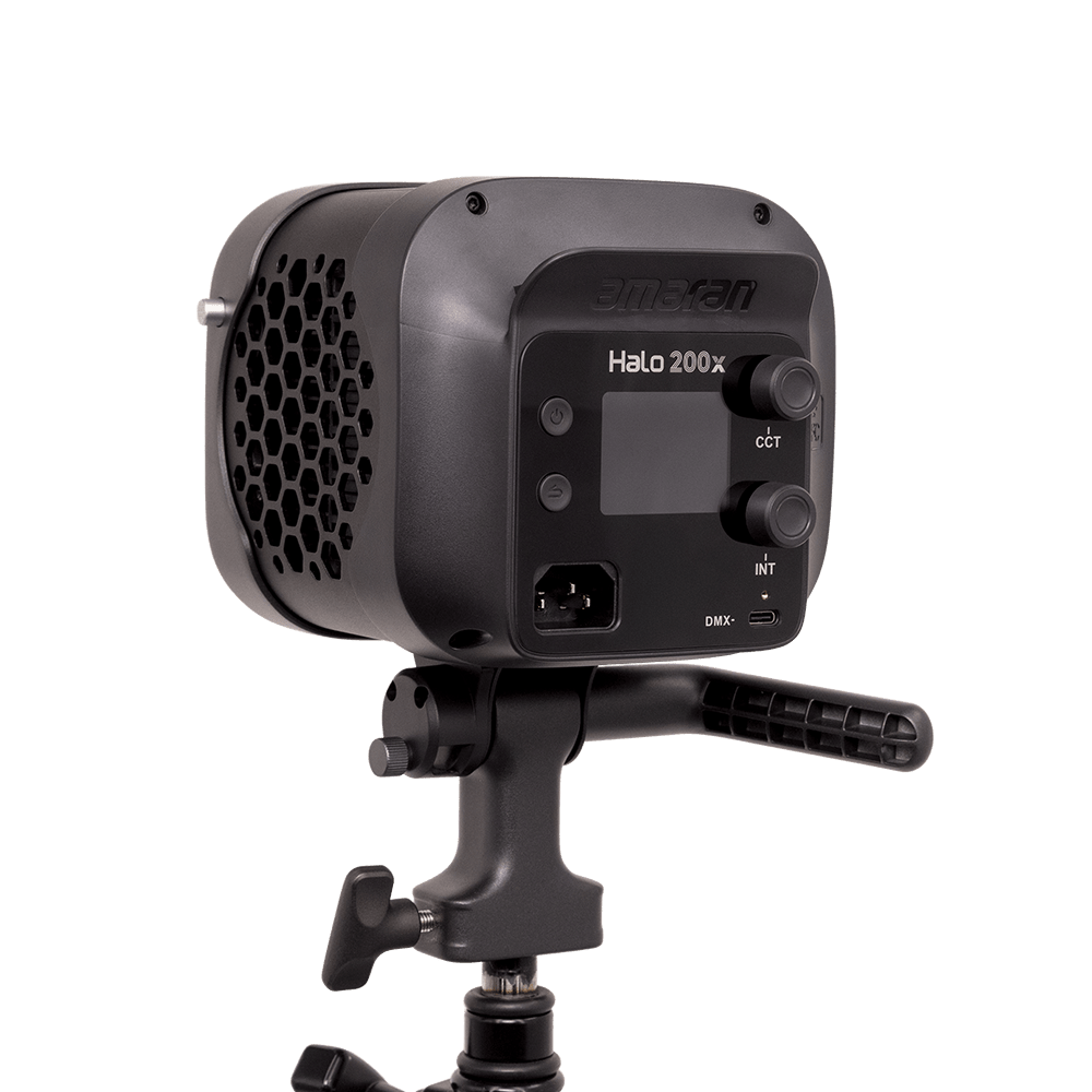 Rear 3/4 view of the amaran Halo 200x light with the control panel visible.