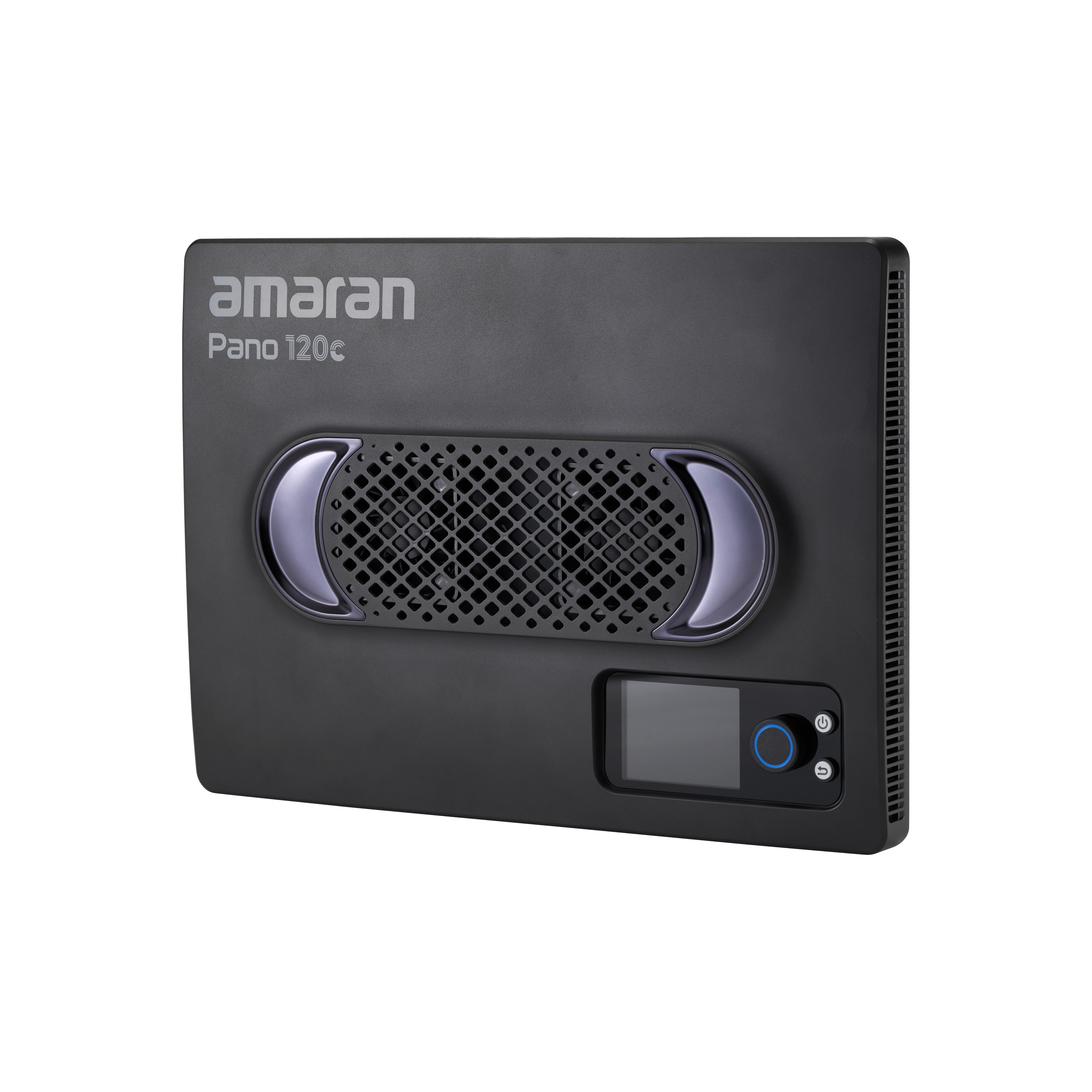 Rear view of an amaran Pano 120c Light Panel with screen and button controls visible.