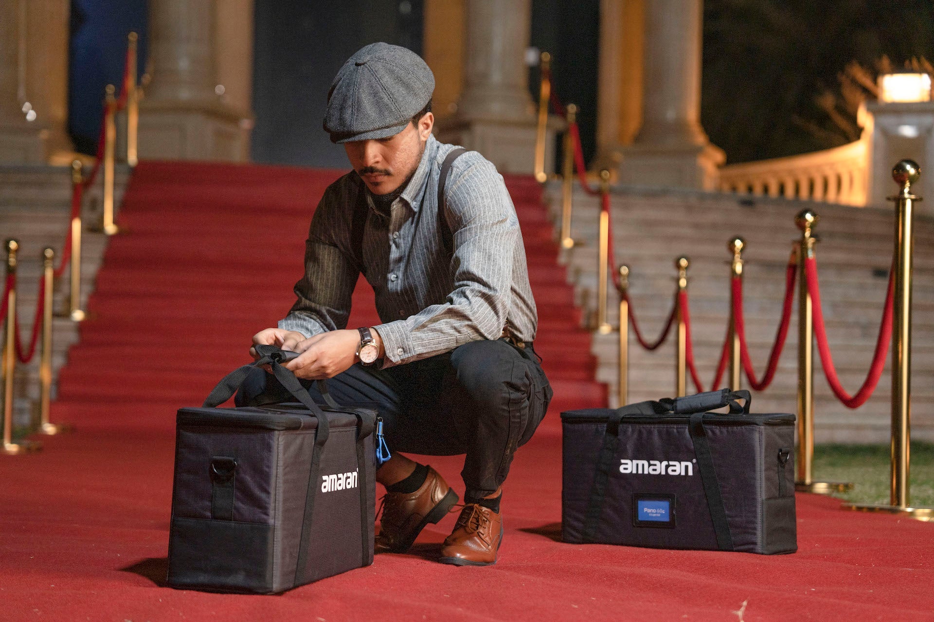 amaran Pano 60c cases shown with a man on a red carpet.