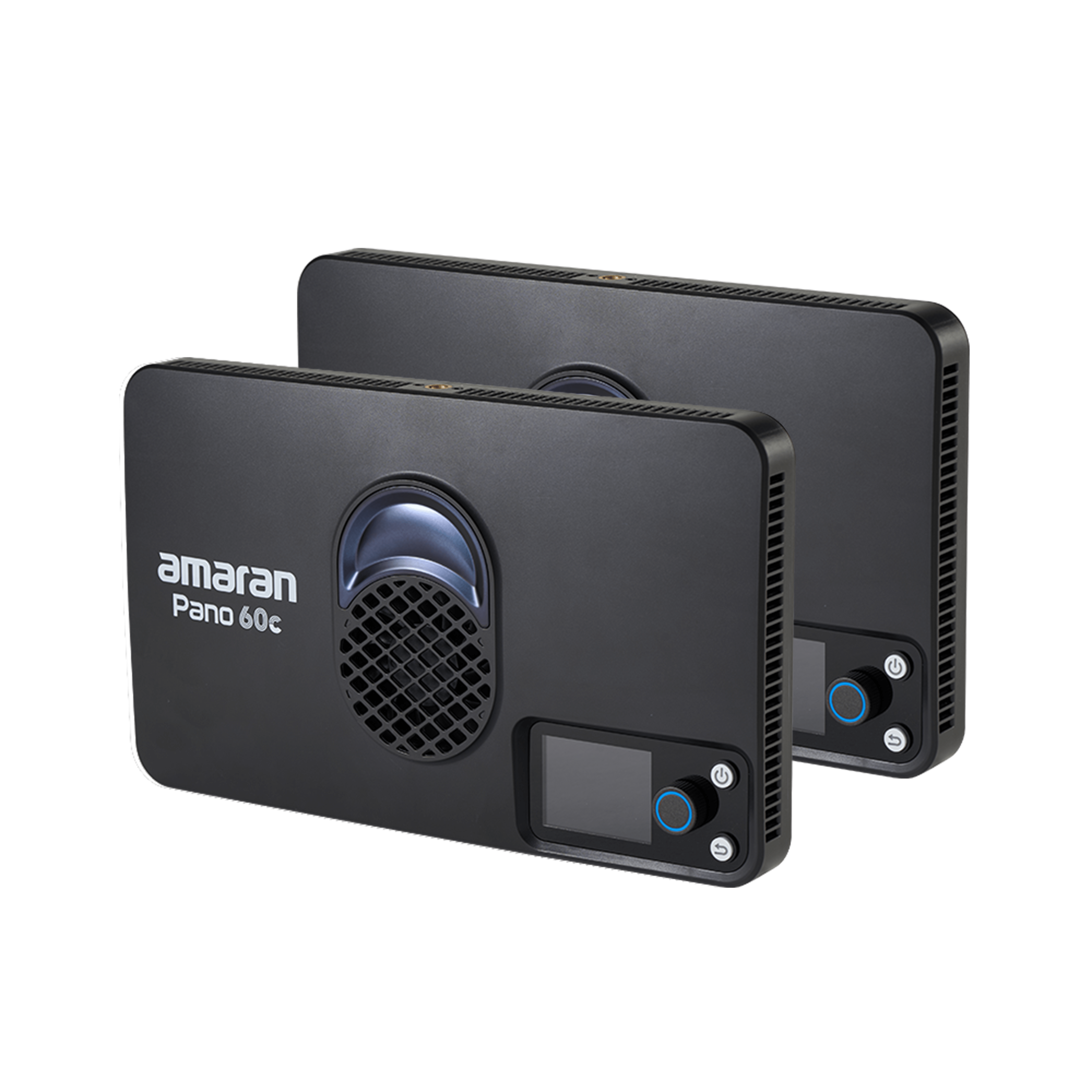 Rear view of two amaran pano 60c light panels with screen and button controls visible.