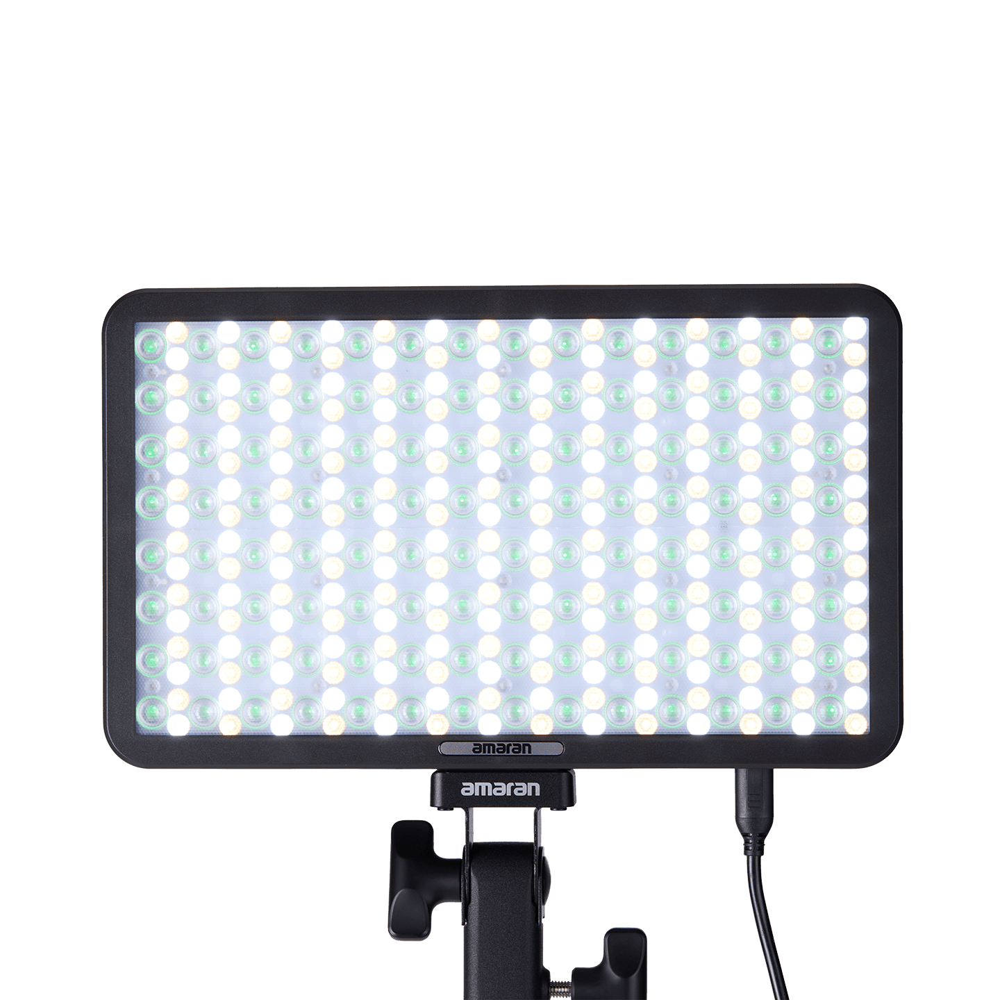 Front view of an amaran Pano 60c connected to a light stand.