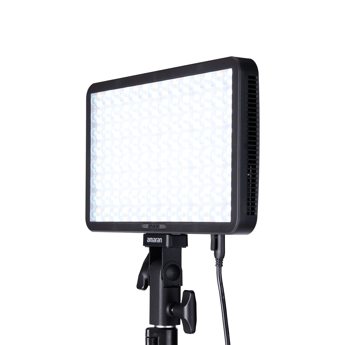 Front 3/4 view of an amaran Pano 60c attached to a light stand.
