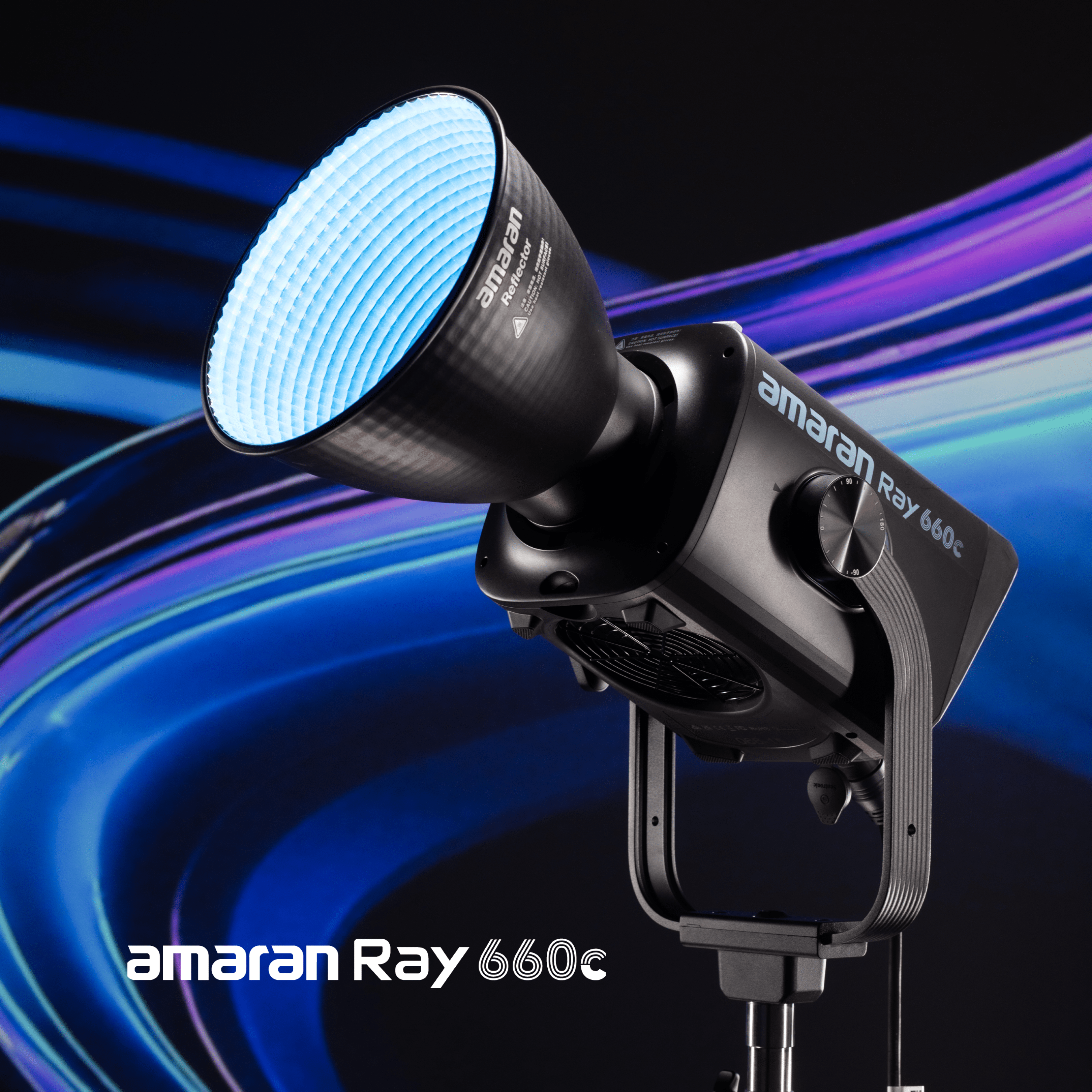 amaran Ray 660c LED Light shown with vibrant colours in the background.