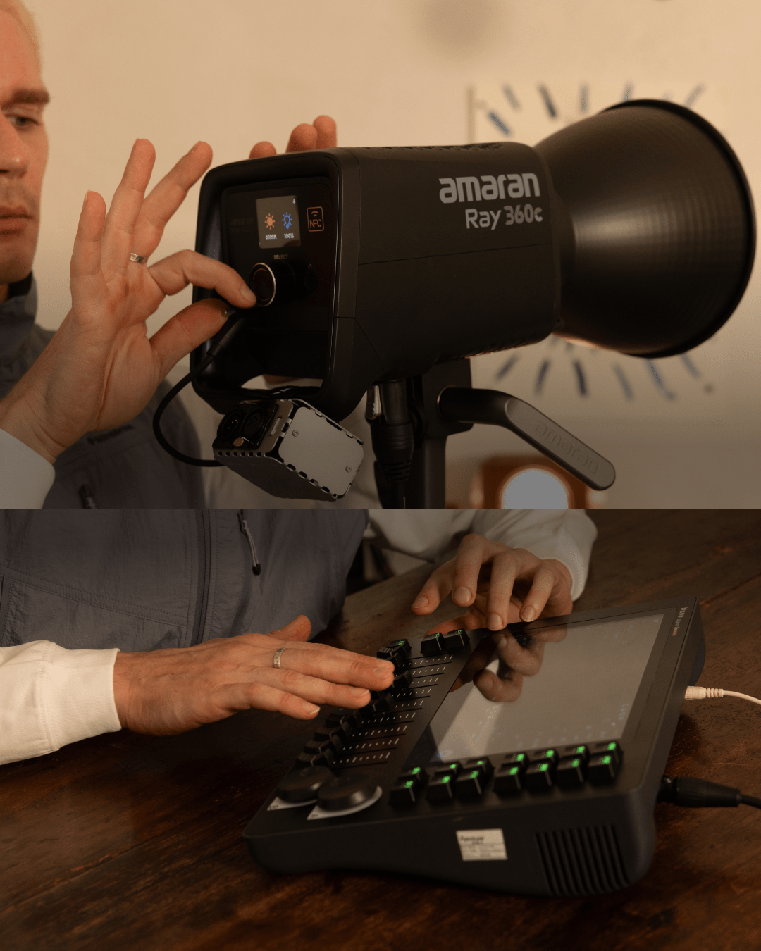 A person controlling an amaran light fixture using the amaran USB-C to 5-Pin DMX In & Out Adapter.