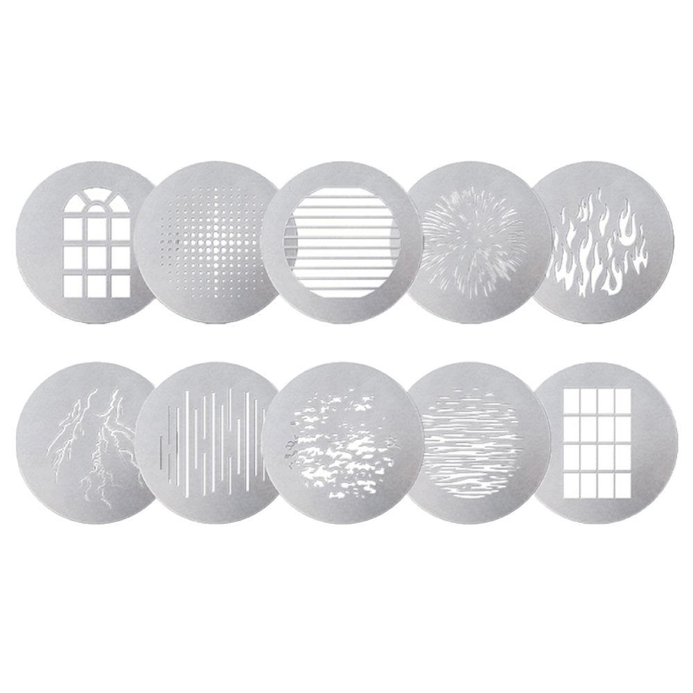 10 Piece Gobo kit for Spotlight max on a transparent background.