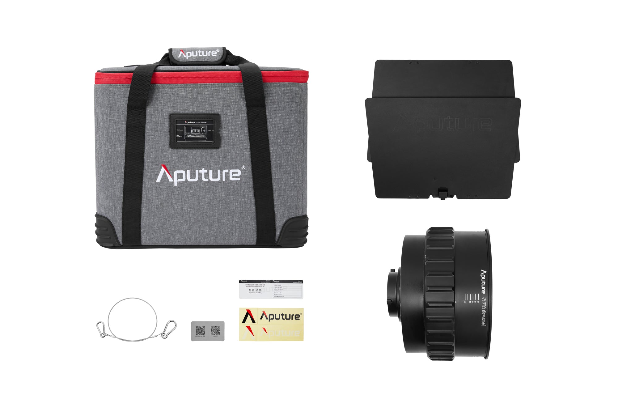 All components shown for the Aputure CF10 Fresnel and Barn Doors Kit.