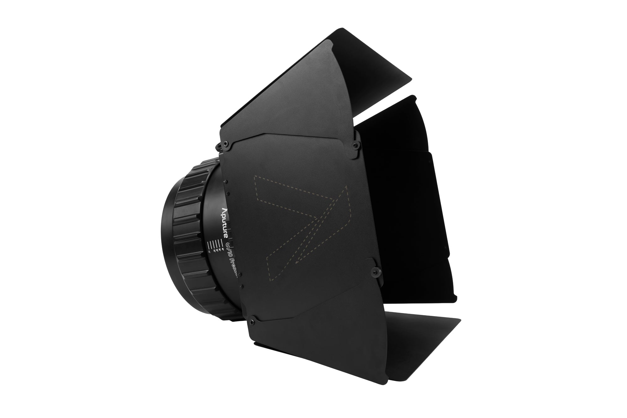 Side view of the Aputure CF10 Fresnel and Barn Doors on a white background.