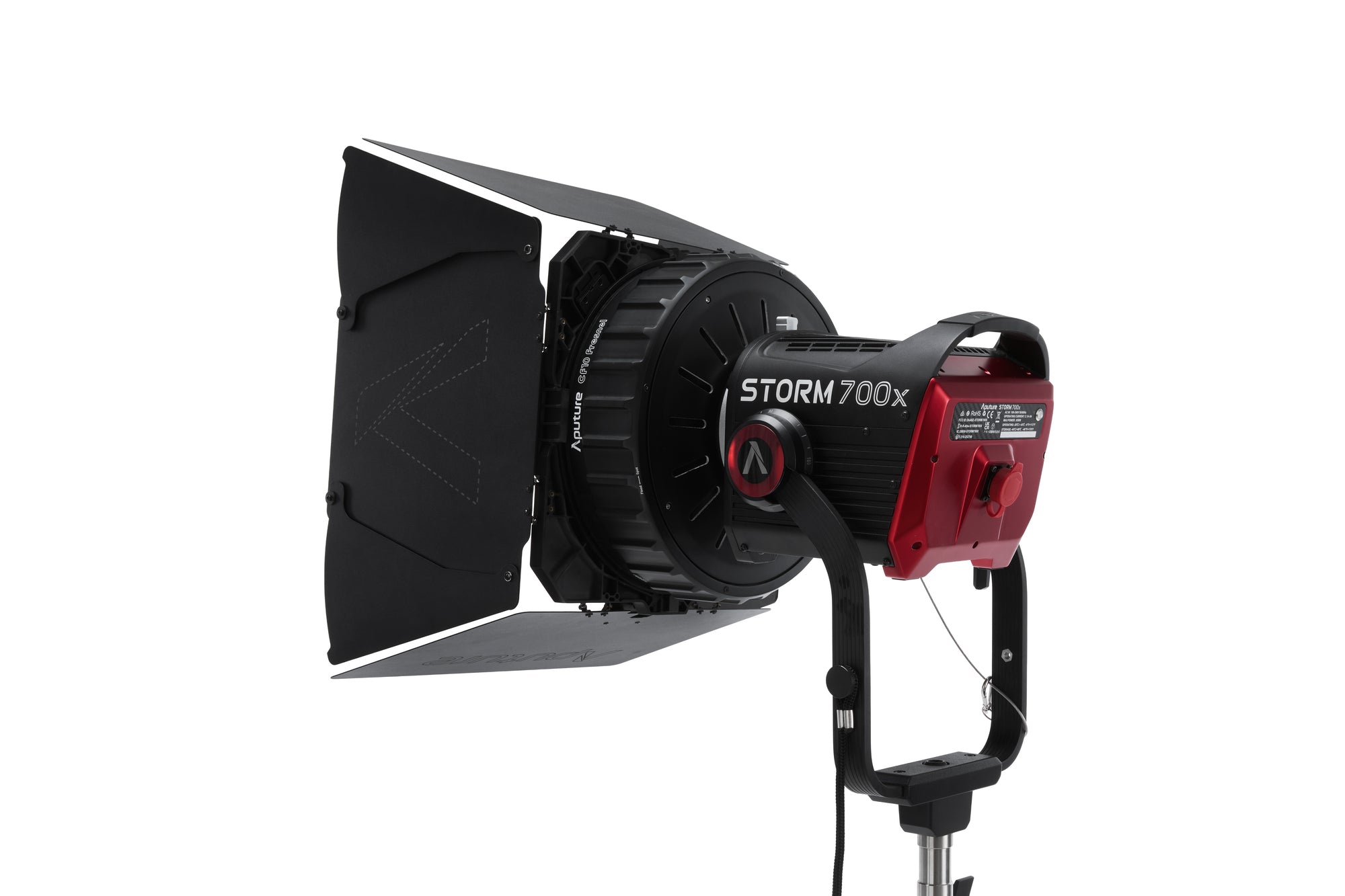 Rear view of Aputure CF10 Fresnel and Barn Doors Kit connected to a Storm 700x.