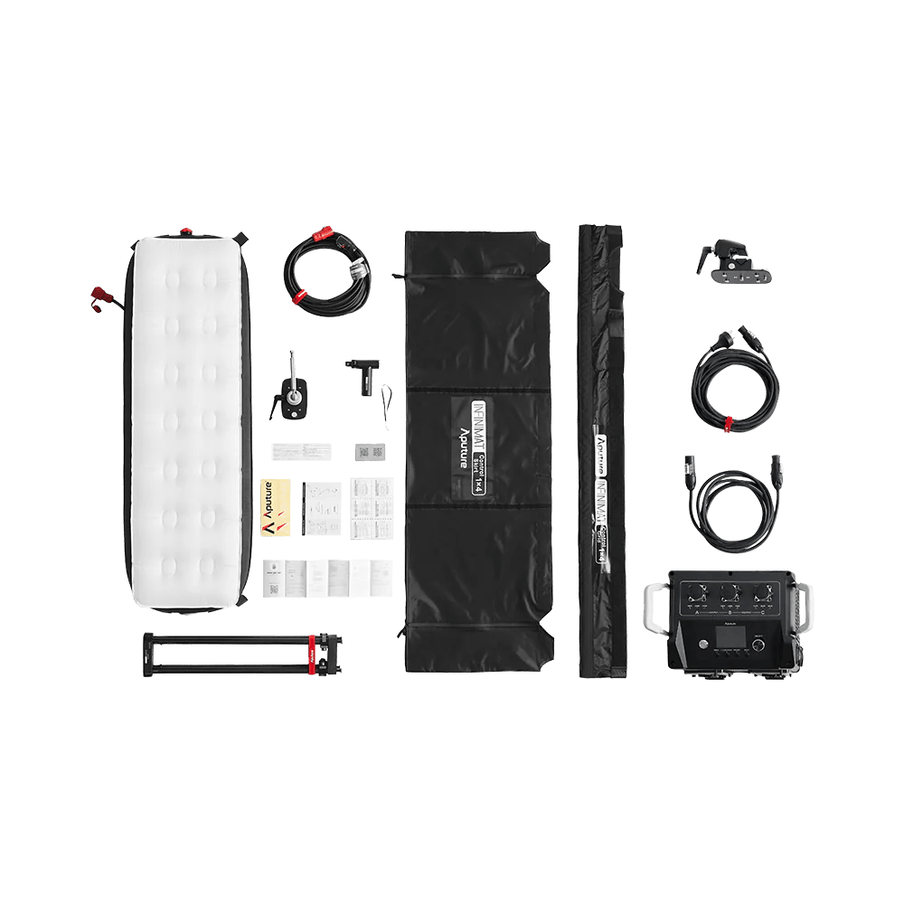 The Aputure 1x4ft Inflatable LED kit, showing the full kit with all items and accessories, flatlay. 