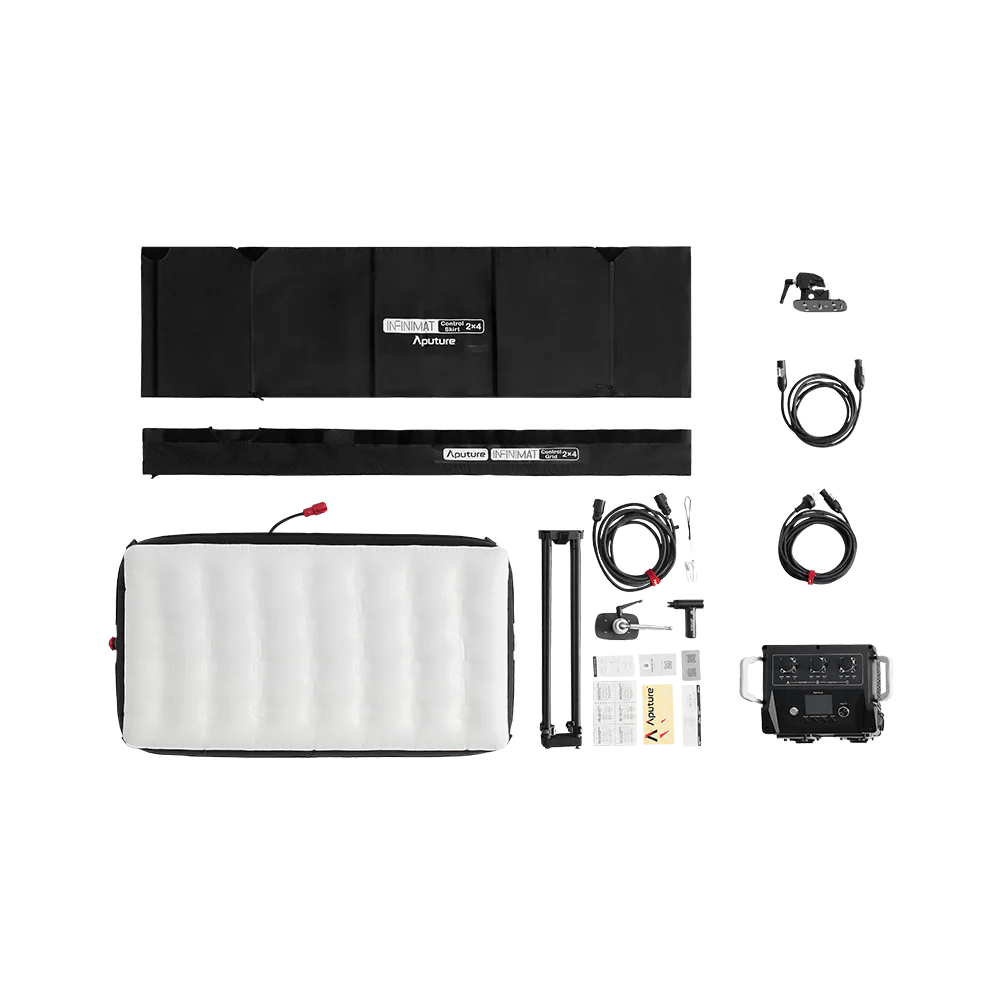 The Aputure 2x4ft Inflatable LED kit, showing the full kit with all items and accessories, flatlay. 