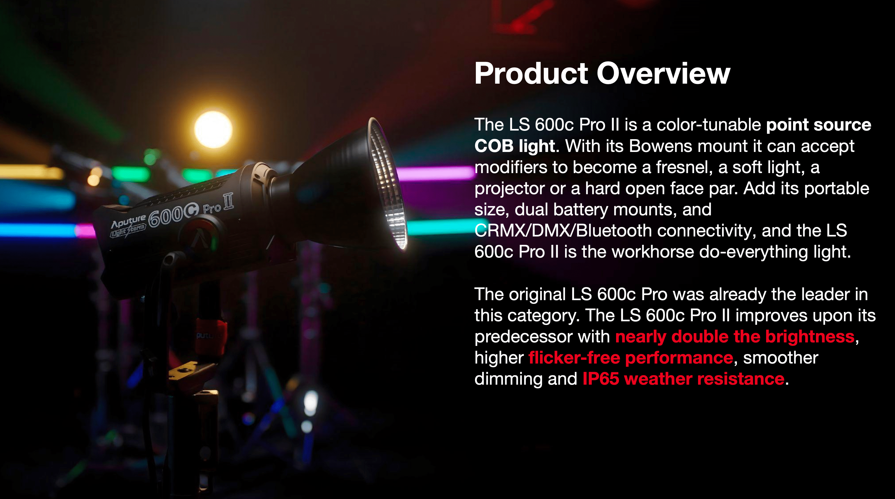 The new Aputure 600c Pro II product overview. 