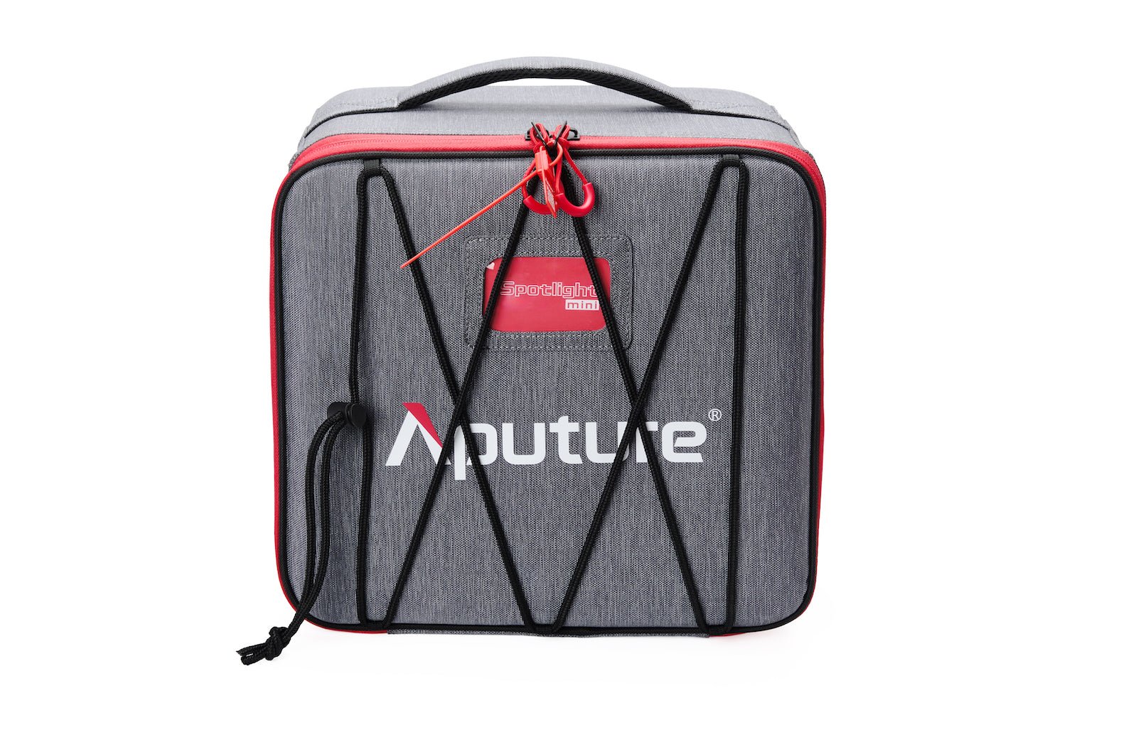 Front view of the grey carry case for Aputure Spotlight Mini Kit with 19° Lens.
