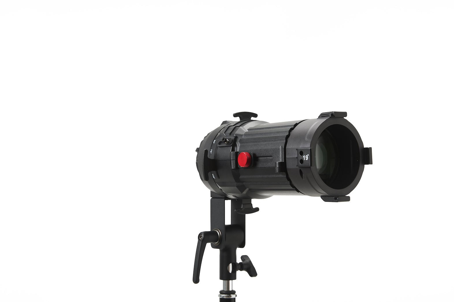 Front 3/4 view of an Aputure Spotlight Mini Kit with 19° Lens.