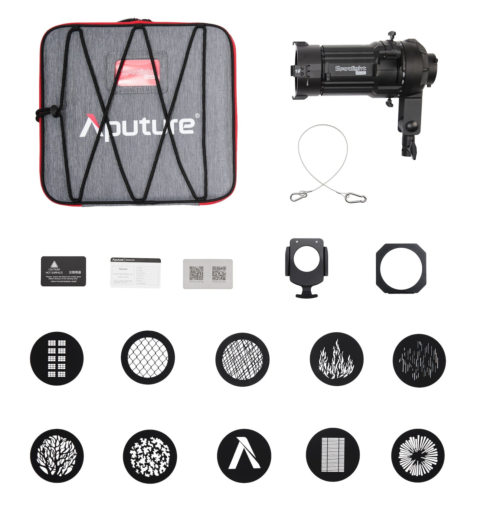All components included for the Aputure Spotlight Mini Kit with 19° Lens.