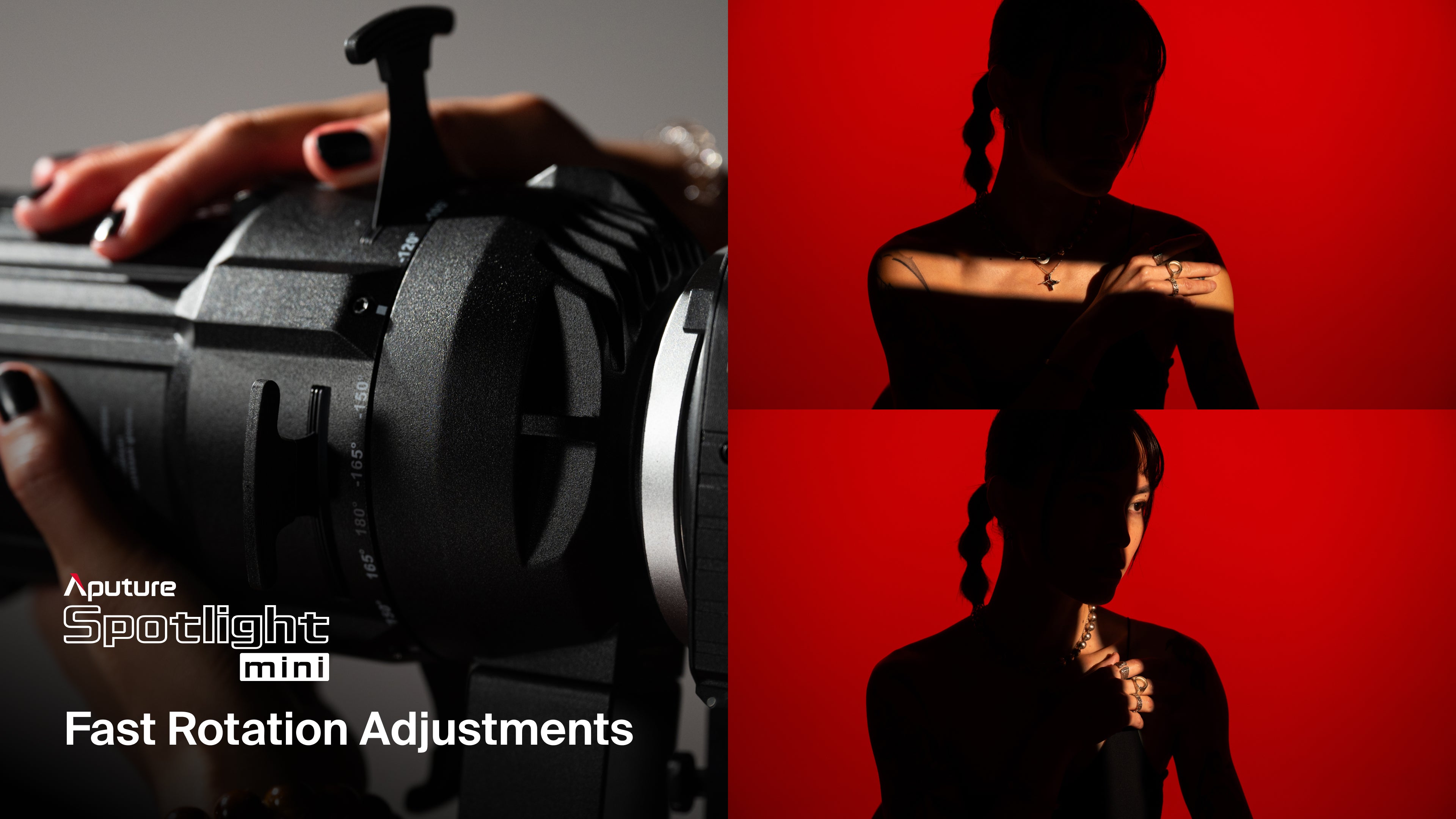 Image showcasing the "Fast Rotation Adjustments" that an Aputure Spotlight mini can conduct.
